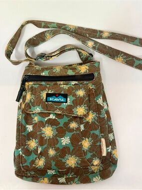 KAVU Crossbody Bag Limited Edition Womens Brown Teal Floral Keeper Canvas Sling